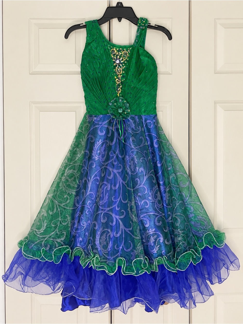 Green & Blue Girls' Party Dress with Floral Applique
